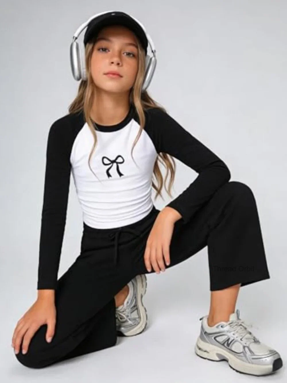 Girls Color Block Bow Print Top & Wide Leg Sweatpants 2 Piece Outfit Set